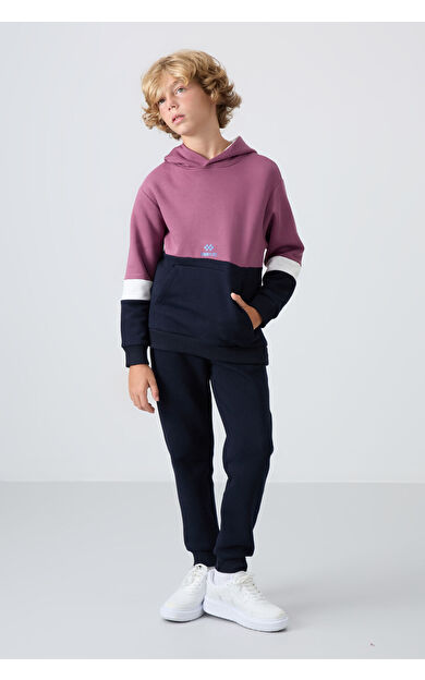 TommyLife Soft Vişne-Lacivert Pamuklu Kalın İçi Tüylü Standart Fit Nakışlı Erkek Çocuk Eşofman Takım - 11255