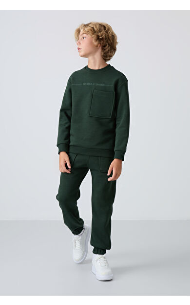 TommyLife Çam Yeşil Pamuklu Kalın İçi Tüylü Standart Fit Baskılı Erkek Çocuk Eşofman Takım - 11257