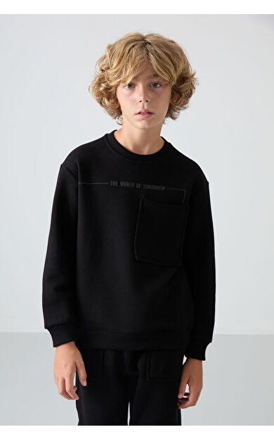 TommyLife Siyah Pamuklu Kalın İçi Tüylü Yumuşak Dokulu Standart Fit Baskılı Erkek Çocuk Eşofman Takım - 11257