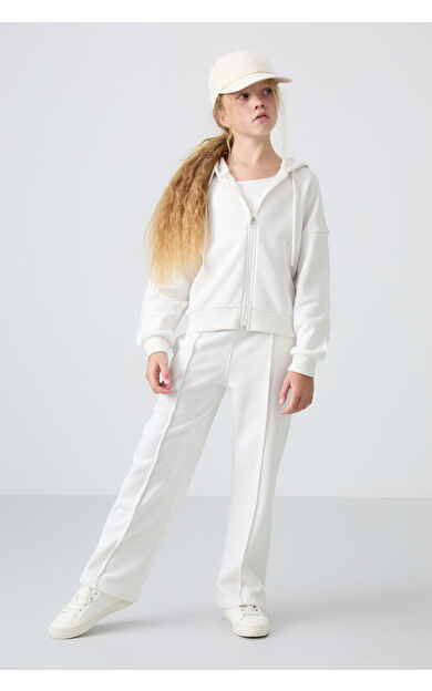 TommyLife Ekru Pamuklu İçi Tüylü Yumuşak Dokulu Standart Fit Nakışlı Kız Çocuk Eşofman Takım - 75161