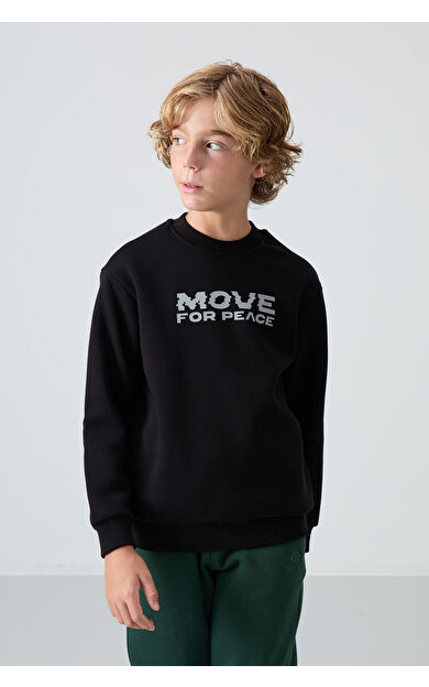 TommyLife Siyah Pamuklu Kalın İçi Tüylü Yumuşak Dokulu Standart Fit Baskılı Erkek Çocuk Sweatshirt - 11216
