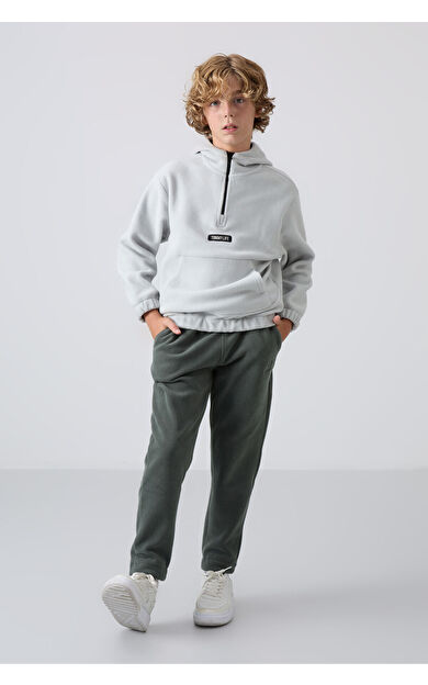 TommyLife Haki Kalın Yumuşak Dokulu Standart Fit Nakışlı Polar Erkek Çocuk Eşofman Alt - 11219