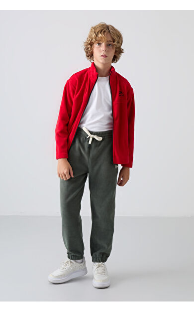 TommyLife Haki Kalın Yumuşak Dokulu Standart Fit Nakışlı Polar Erkek Çocuk Eşofman Alt - 11220