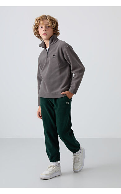 TommyLife Çam Yeşil Kalın Yumuşak Dokulu Standart Fit Nakışlı Polar Erkek Çocuk Eşofman Alt - 11220