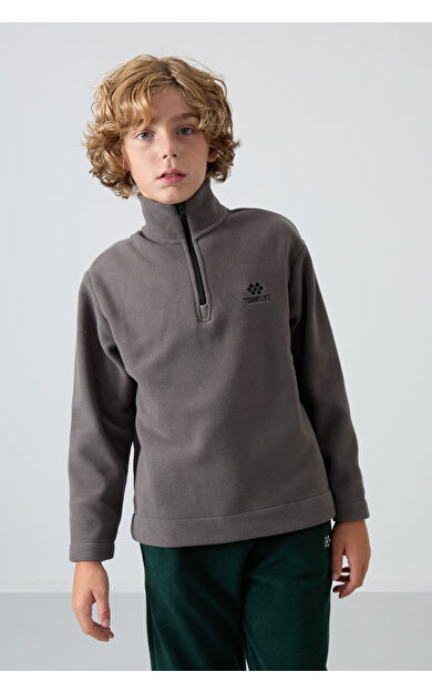 TommyLife Koyu Gri Kalın Yumuşak Dokulu Standart Fit Nakışlı Polar Erkek Çocuk Sweatshirt - 11221