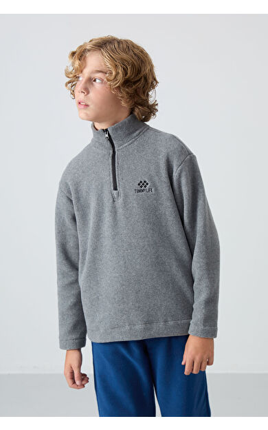 TommyLife Gri Melanj Kalın Yumuşak Dokulu Standart Fit Nakışlı Polar Erkek Çocuk Sweatshirt - 11221