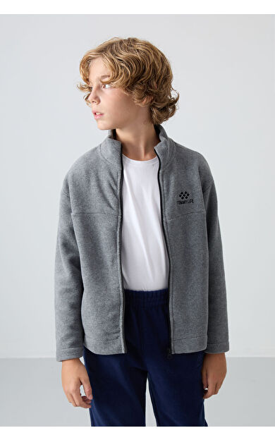 TommyLife Gri Melanj Kalın Yumuşak Dokulu Standart Fit Nakışlı Polar Erkek Çocuk Sweatshirt - 11223