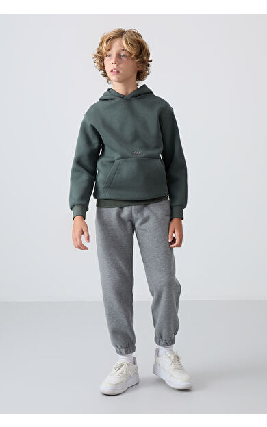 TommyLife Gri Melanj Pamuklu Kalın İçi Tüylü Standart Fit Baskılı Erkek Çocuk Eşofman Alt - 11225