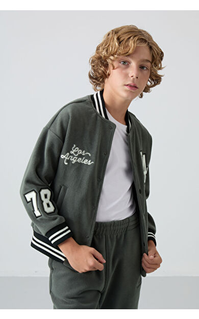 TommyLife Haki Kalın Yumuşak Dokulu Standart Fit Nakışlı Polar Erkek Çocuk Kolej Ceket - 11227