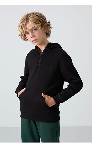 TommyLife Siyah Pamuklu Kalın İçi Tüylü Yumuşak Dokulu Standart Fit Nakışlı Erkek Çocuk Sweatshirt - 11244