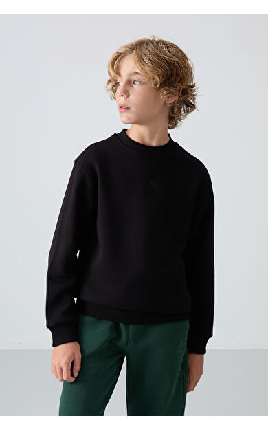 TommyLife Siyah Pamuklu Kalın İçi Tüylü Yumuşak Dokulu Standart Fit Nakışlı Erkek Çocuk Sweatshirt - 11232