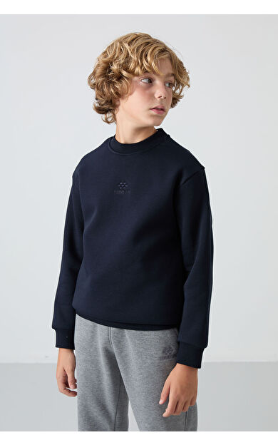TommyLife Lacivert Pamuklu Kalın İçi Tüylü Yumuşak Dokulu Standart Fit Nakışlı Erkek Çocuk Sweatshirt - 11232