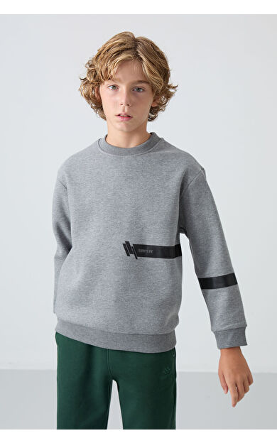 TommyLife Gri Melanj Pamuklu Kalın İçi Tüylü Standart Fit Baskılı Erkek Çocuk Sweatshirt - 11238