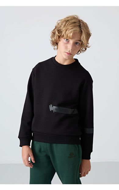 TommyLife Siyah Pamuklu Kalın İçi Tüylü Yumuşak Dokulu Standart Fit Baskılı Erkek Çocuk Sweatshirt - 11238