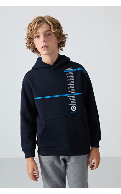 TommyLife Lacivert Pamuklu Kalın İçi Tüylü Yumuşak Dokulu Standart Fit Baskılı Erkek Çocuk Sweatshirt - 11239