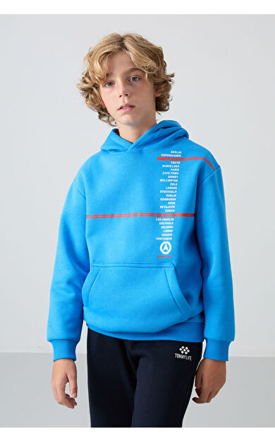TommyLife Saks Pamuklu Kalın İçi Tüylü Yumuşak Dokulu Standart Fit Baskılı Erkek Çocuk Sweatshirt - 11239