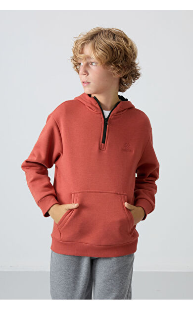 TommyLife Kiremit Pamuklu Kalın İçi Tüylü Yumuşak Dokulu Standart Fit Nakışlı Erkek Çocuk Sweatshirt - 11244