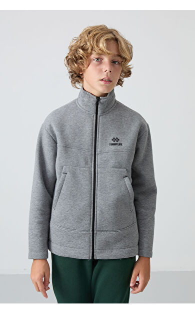 TommyLife Gri Melanj Pamuklu Kalın İçi Tüylü Standart Fit Nakışlı Erkek Çocuk Sweatshirt - 11245