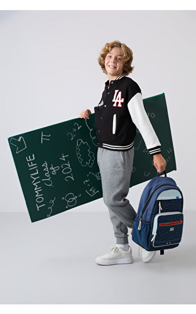 TommyLife Siyah Pamuklu Kalın İçi Tüylü Yumuşak Dokulu Standart Fit Nakışlı Erkek Çocuk Kolej Ceket - 11258