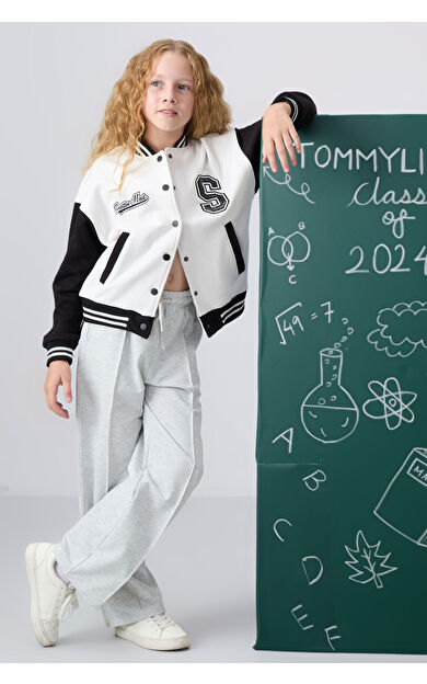 TommyLife Kar Melanj Cepli Ön Dikiş Detaylı Geniş Paça Kız Çocuk Eşofman Altı -75144