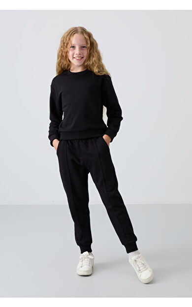 TommyLife Siyah Pamuklu İçi Tüylü Yumuşak Dokulu Oversize Nakışlı Kız Çocuk Eşofman Takım - 75145