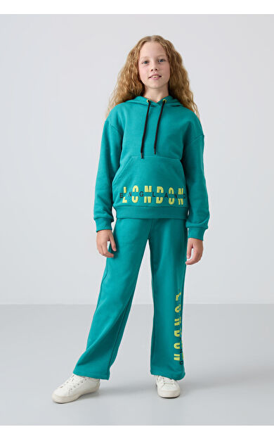 TommyLife Deniz Yeşil Pamuklu İçi Tüylü Yumuşak Dokulu Oversize Baskılı Kız Çocuk Eşofman Takım - 75147