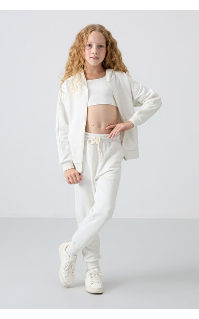 TommyLife Ekru Pamuklu İçi Tüylü Yumuşak Dokulu Standart Fit Nakışlı Kız Çocuk Eşofman Takım - 75148