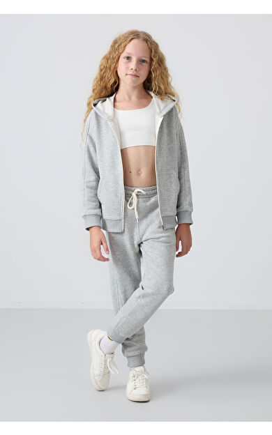 TommyLife Gri Melanj Pamuklu İçi Tüylü Yumuşak Dokulu Standart Fit Nakışlı Kız Çocuk Eşofman Takım - 75148