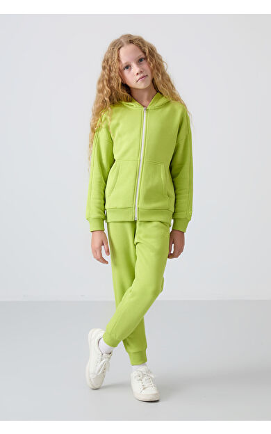TommyLife Lime Yeşil Pamuklu İçi Tüylü Yumuşak Dokulu Standart Fit Nakışlı Kız Çocuk Eşofman Takım - 75148