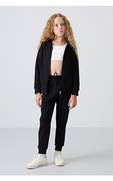 TommyLife Siyah Pamuklu İçi Tüylü Yumuşak Dokulu Standart Fit Nakışlı Kız Çocuk Eşofman Takım - 75148