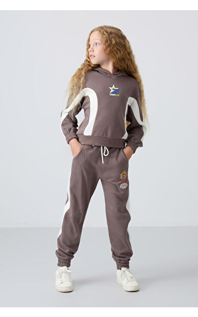 TommyLife Kahverengi Pamuklu İçi Tüylü Yumuşak Dokulu Standart Fit Baskılı Kız Çocuk Eşofman Takım - 75166
