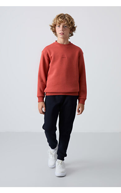 TommyLife Kiremit-Lacivert Pamuklu Kalın İçi Tüylü Standart Fit Nakışlı Erkek Çocuk Eşofman Takım - 11249