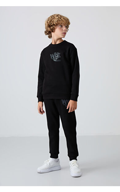 TommyLife Siyah Pamuklu Kalın İçi Tüylü Yumuşak Dokulu Standart Fit Baskılı Erkek Çocuk Eşofman Takım - 11253