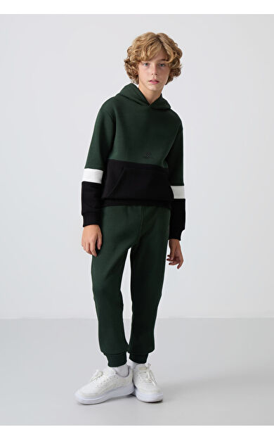 TommyLife Çam Yeşil Pamuklu Kalın İçi Tüylü Standart Fit Nakışlı Erkek Çocuk Eşofman Takım - 11255