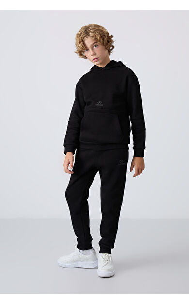 TommyLife Siyah Pamuklu Kalın İçi Tüylü Yumuşak Dokulu Standart Fit Nakışlı Erkek Çocuk Eşofman Takım - 11255