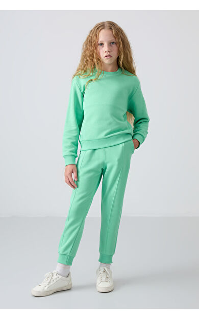 TommyLife Su Yeşil Pamuklu İçi Tüylü Yumuşak Dokulu Oversize Nakışlı Kız Çocuk Eşofman Takım - 75145