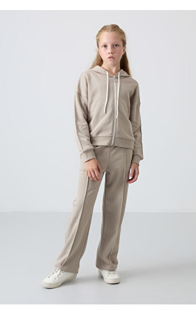 TommyLife Koyu Bej Pamuklu İçi Tüylü Yumuşak Dokulu Standart Fit Nakışlı Kız Çocuk Eşofman Takım - 75161