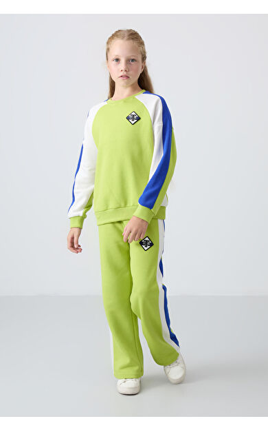 TommyLife Lime Yeşil O Yaka Geniş Paça Standart Fit Baskılı Kız Çocuk Eşofman Takım - 75165