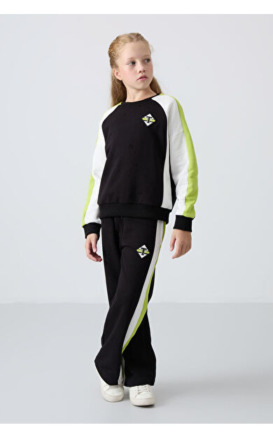 TommyLife Siyah O Yaka Geniş Paça Standart Fit Baskılı Kız Çocuk Eşofman Takım - 75165