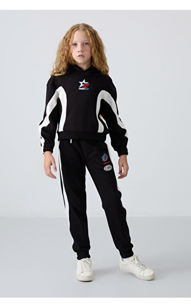 TommyLife Siyah Pamuklu İçi Tüylü Yumuşak Dokulu Standart Fit Baskılı Kız Çocuk Eşofman Takım - 75166