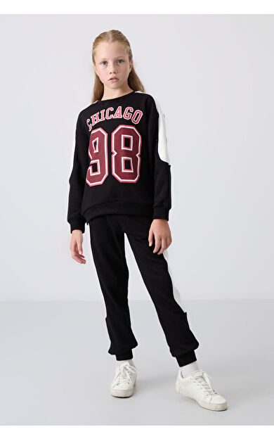 TommyLife Siyah Pamuklu İçi Tüylü Yumuşak Dokulu Standart Fit Nakışlı Kız Çocuk Eşofman Takım - 75170