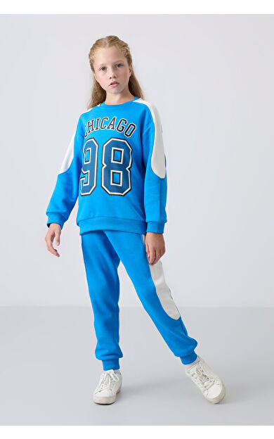 TommyLife Mavi  Pamuklu İçi Tüylü Yumuşak Dokulu Standart Fit Baskılı Kız Çocuk Eşofman Takım - 75170