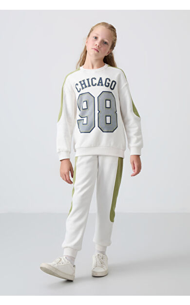TommyLife Ekru Pamuklu İçi Tüylü Yumuşak Dokulu Standart Fit Baskılı Kız Çocuk Eşofman Takım - 75170