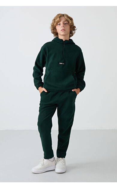 TommyLife Çam Yeşil Kalın Yumuşak Dokulu Standart Fit Nakışlı Polar Erkek Çocuk Eşofman Alt - 11219