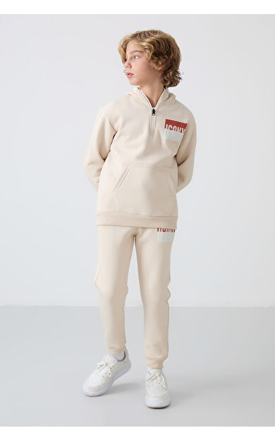 TommyLife Bej Pamuklu Kalın İçi Tüylü Yumuşak Dokulu Standart Fit Baskılı Erkek Çocuk Eşofman Takım - 11246