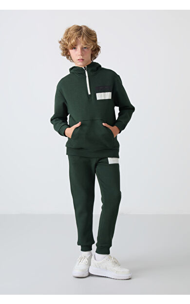 TommyLife Çam Yeşil Pamuklu Kalın İçi Tüylü Standart Fit Baskılı Erkek Çocuk Eşofman Takım - 11246