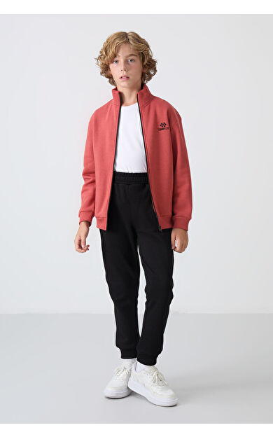 TommyLife Kiremit-Siyah Pamuklu Kalın İçi Tüylü Standart Fit Nakışlı Erkek Çocuk Eşofman Takım - 11256