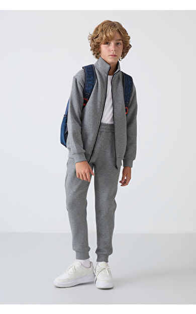 TommyLife Gri Melanj Pamuklu Kalın İçi Tüylü Standart Fit Nakışlı Erkek Çocuk Eşofman Takım - 11256