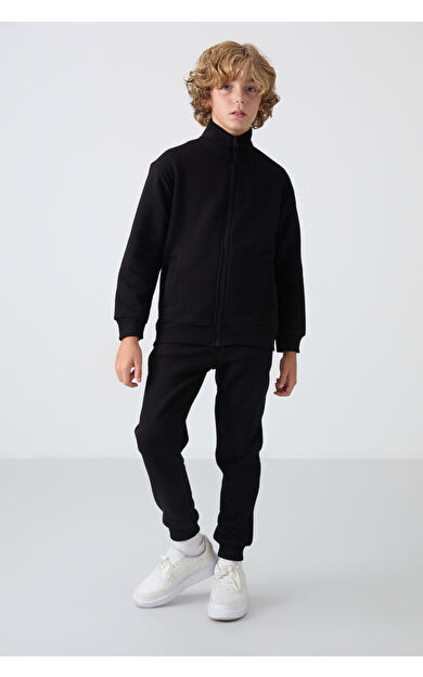 TommyLife Siyah Pamuklu Kalın İçi Tüylü Yumuşak Dokulu Standart Fit Nakışlı Erkek Çocuk Eşofman Takım - 11256