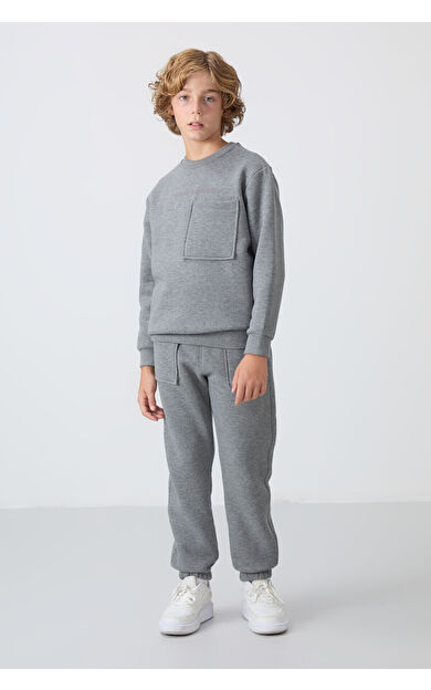 TommyLife Gri Melanj Pamuklu Kalın İçi Tüylü Standart Fit Baskılı Erkek Çocuk Eşofman Takım - 11257